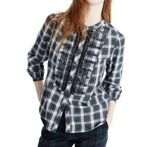 J. Crew Women Beaded Embellished Forest Green Tartan Plaid Shirt Small Sequin
